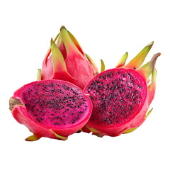 Ripe red dragon fruit halves and whole fruit isolated on transparent background for PNG