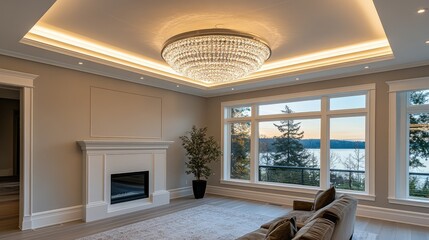 Crystal ball chandelier suspended from a tray ceiling with subtle crown molding detail