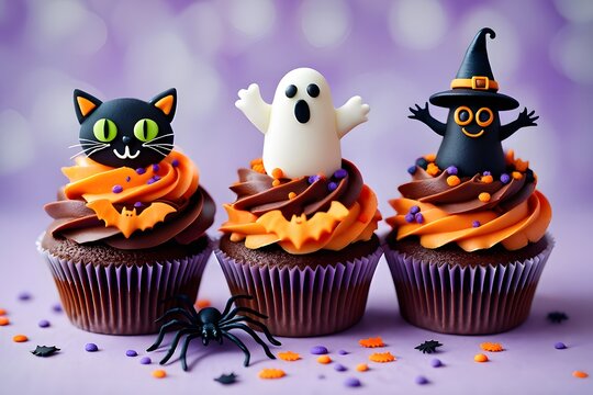 Adorable halloween cupcakes with black cat ghost and witch decorations on purple background