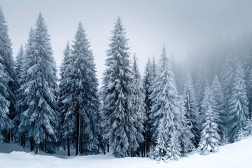 Fototapeta premium Realistic winter forest scene with tall pine trees covered in thick snow, cold mist in the air, serene white landscape, high contrast and sharp details 