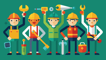 Cartoon Construction Workers Holding Tools Including a Wrench, Screwdriver, and Axe on Teal