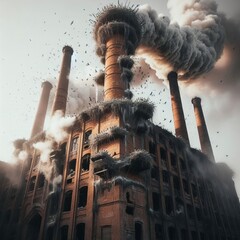 Abandoned factory chimney – Brickwork crumbling at the top bir