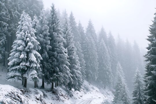 Realistic winter forest scene with tall pine trees covered in thick snow, cold mist in the air, serene white landscape, high contrast and sharp details 