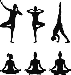 people performing various yoga poses like tree pose, downward dog, cobra pose