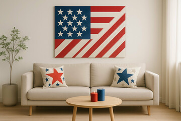 Modern living room with american flag wall art and star-themed decor elements. Happy 4th of July, independence day of USA
