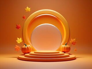 Obraz premium Autumnal scene of pumpkins maple leaves and a modern podium for product display