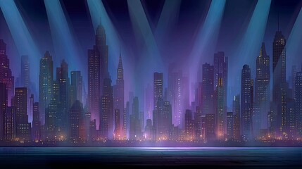 Modern city skyline illuminated at night with vibrant skyscrapers and glowing lights on a sleek gradient of blue and purple, perfect for dynamic business or technology-themed presentation backgrounds.