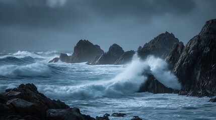 High-resolution cinematic seascape with crashing waves hitting rugged coastal rocks, overcast sky, dramatic ocean spray, moody and intense tone, natural textures 