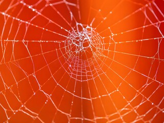 Close up view of a delicate spider web against a warm orange background