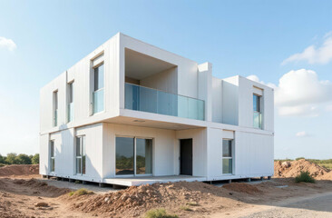modular construction. modular home construction site with white prefabricated structure under clear sky