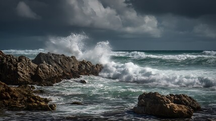 High-resolution cinematic seascape with crashing waves hitting rugged coastal rocks, overcast sky, dramatic ocean spray, moody and intense tone, natural textures 