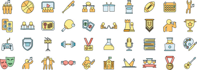 Colorful icons representing various hobbies and activities in a fun style