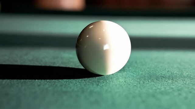 Isolated white cue ball on green billiard table felt surface with dramatic lighting and shadows, indoor recreation activity equipment.