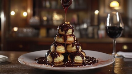 Mini profiteroles drizzled with caramel and chocolate placed in pyramid style