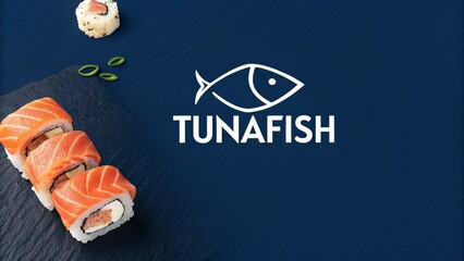 Modern logo with a small, minimal tuna icon above the word ?TUNAFISH? on a deep navy blue background.