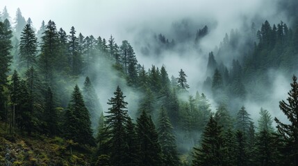misty forest with dense trees surrounded by clouds in serene atmosphere