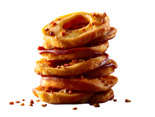 Round dried apple rings stacked and fanned out, isolated on transparent background --ar 4:3 --v 7.0 --p 537mr6h --s 250