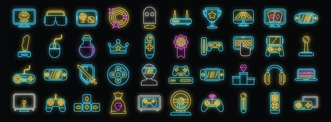 Bright neon icons illuminating popular gaming elements, from controllers and consoles to virtual reality headsets and online competition symbols