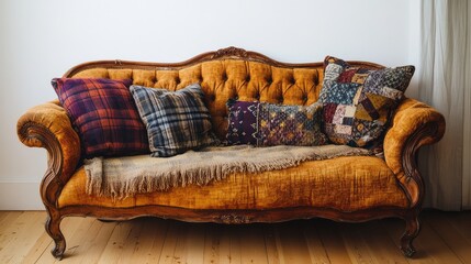 Rustic vintage couch with distressed fabric and patchwork pillows, staged in a countryside living room
