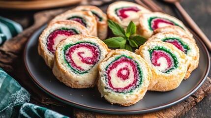 Sliced jelly rolls with vivid colors and textures served on a matte dessert plate