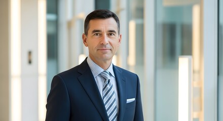 Fototapeta premium A confident business leader in a professional setting. The image captures a portrait of a distinguished, formally dressed man, his composed demeanor suggesting authority and professionalism.