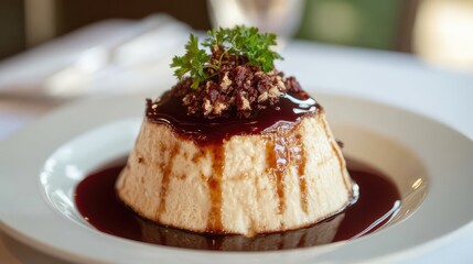Sweetened tofu pudding with syrup topping and garnish on a traditional white bowl
