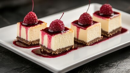 Trio of cheesecakes topped with raspberry sauce presented on a rectangular white dish