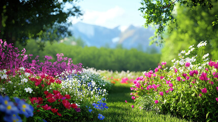 Naklejka premium Vibrant garden filled with colorful flowers, lush greenery, and serene landscape creates breathtaking view of nature beauty