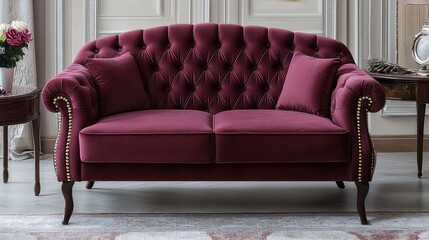 Tufted vintage loveseat in rich maroon with brass studs and velvet texture, staged in an elegant hall