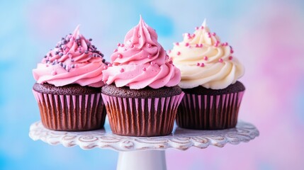Trio of cupcakes with decorative frosting displayed on a tiered cake stand