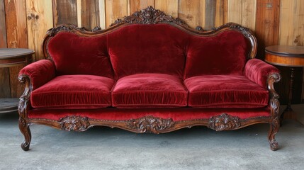 Victorian-style sofa with red velvet upholstery, carved wood detailing, and matching vintage side tables