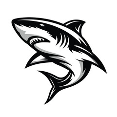 Aggressive Shark Leaping, Black and White Mascot Design with Sharp Teeth Displayed