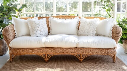 Wicker-framed vintage couch with white cushions and lace accents, staged in a sunroom with soft shadows
