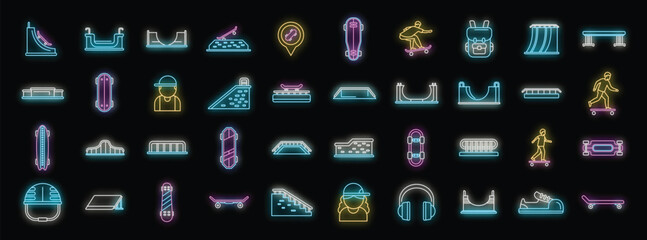 Neon icons showcasing various skateboarding elements, skateparks, ramps, equipment, and active lifestyle