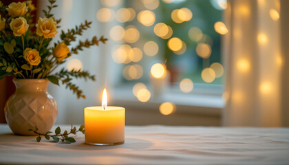 Cozy Candlelit Scene with Warm Lights and Flowers
