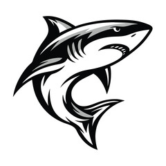 Black and White Shark Mascot Style Swimming Aggressively on White Background