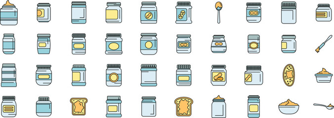 Various peanut butter jars, spoons and toasts with peanut butter, representing breakfast, snacks and healthy food