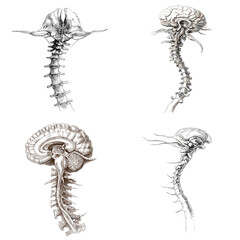 Obraz premium Vintage anatomical drawings of the human spine and brainstem in detailed sketch style, perfect for medical study, neurology education, and anatomy visuals.