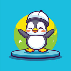 Playful Penguin Cartoon: A cute penguin stands on a pedestal, wearing a cap and radiating joy, celebrating a moment of delight, offering a sense of playfulness, humor, and cheerful animation.