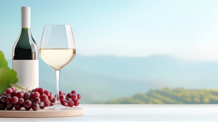 A glass and bottle of white wine with grapes on a table, set against a scenic, blurred mountain landscape.