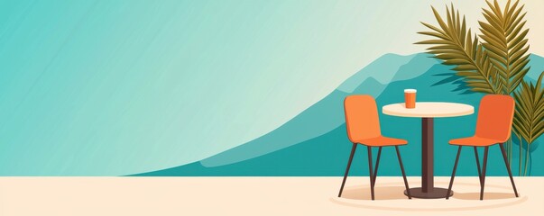 A minimalist outdoor cafe scene with two orange chairs, a round table, a drink, palm leaves, and mountain scenery in the background.