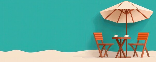 Two wooden chairs and a table with cups under a beach umbrella on sand against a bright teal background.