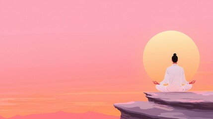 A person meditates on a cliff at sunset, facing a large sun against a serene pink sky, embodying peace and mindfulness.