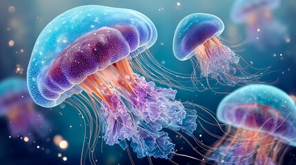 美しい海中を漂うファンタジックなクラゲたち。涼しげな背景。
