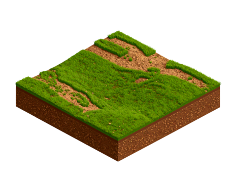 Isometric view of a grassy patch with exposed soil
