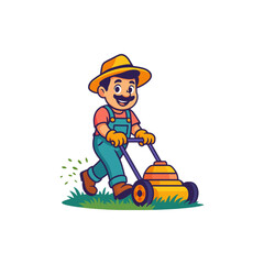 Happy gardener mowing lawn cheerful cartoon character design for landscaping business advertising or gardening service logo