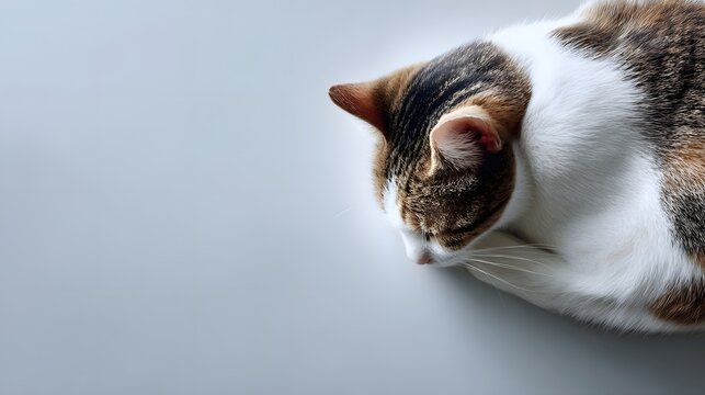 From a top-down view, a beautiful calico cat is peacefully curled up on a pristine, clean surface, creating a serene and comforting scene of feline relaxation.