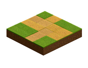Isometric view of a grassy field with intersecting dirt paths