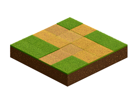 Isometric view of a grassy field with intersecting dirt paths