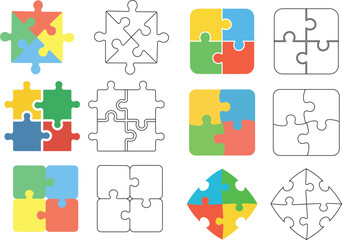 Colorful and outline four piece jigsaw puzzle elements in different arrangements and variations